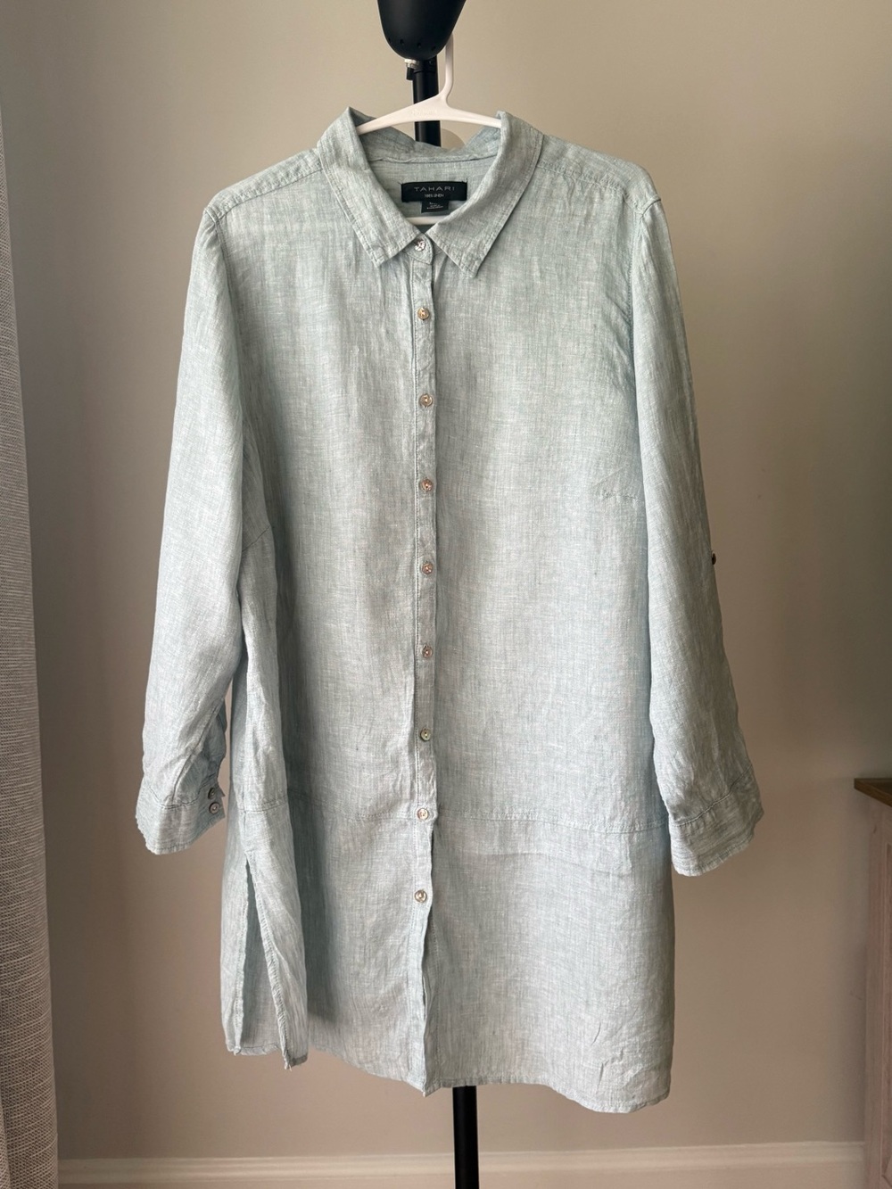 Tahari 100% Linen Button Front Tunic Shirt Womens 2X Roll Tab Blue